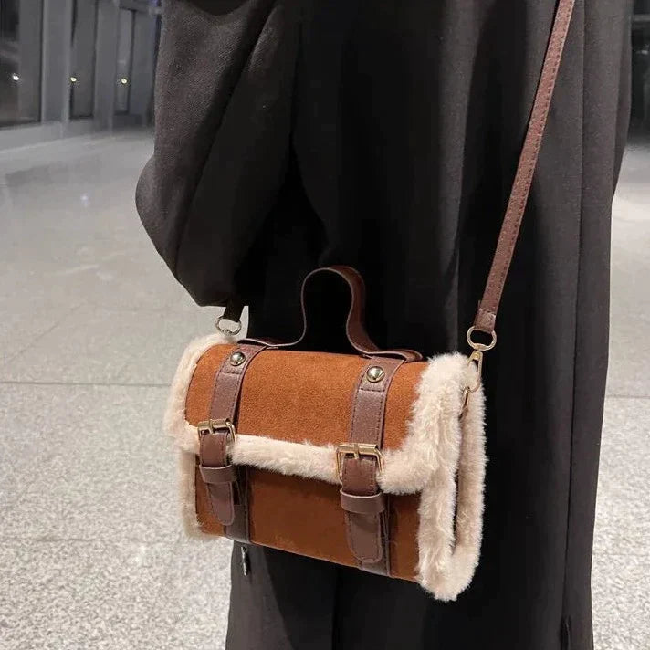 Women's Two-Way Faux Fur Winter Crosbody Handbag with Buckled Belts Closure