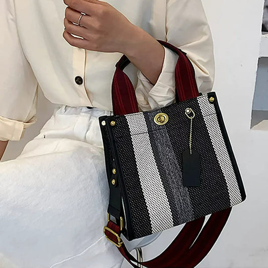 Women's Modern Style Large Capacity Striped Shoulder Handbag with Twist Lock Buckle