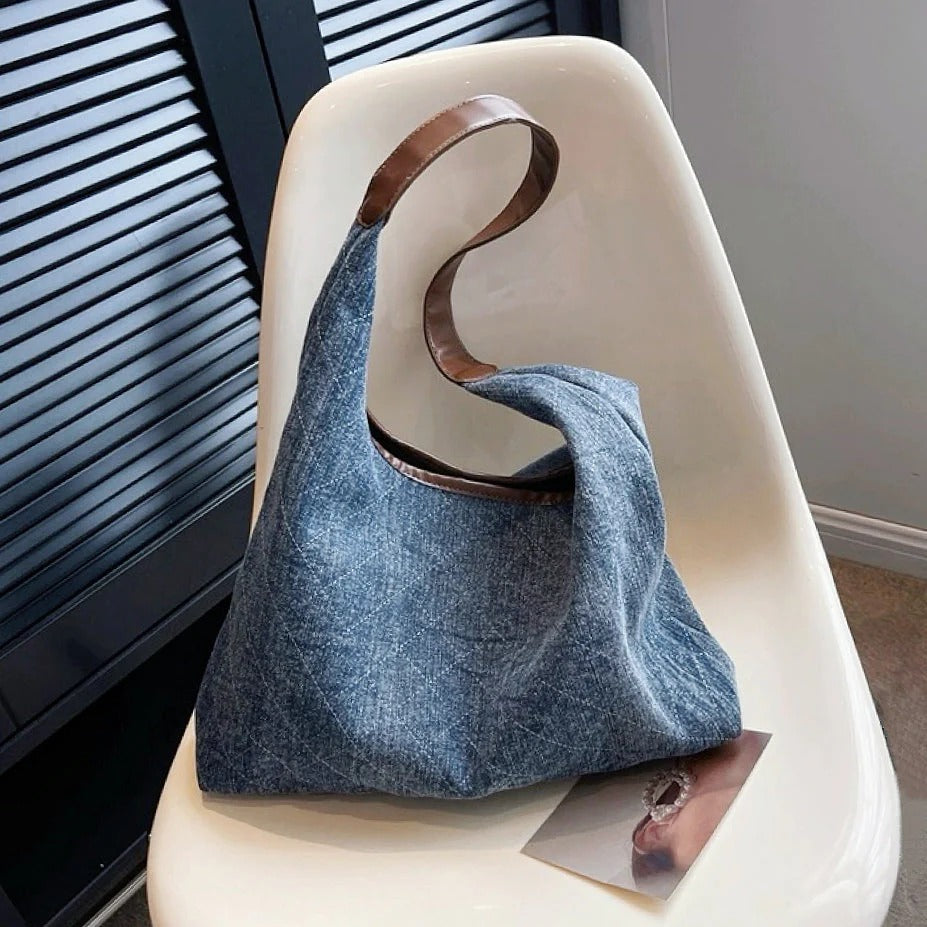 Women's Denim Shoulder Bag with Diamond Pattern