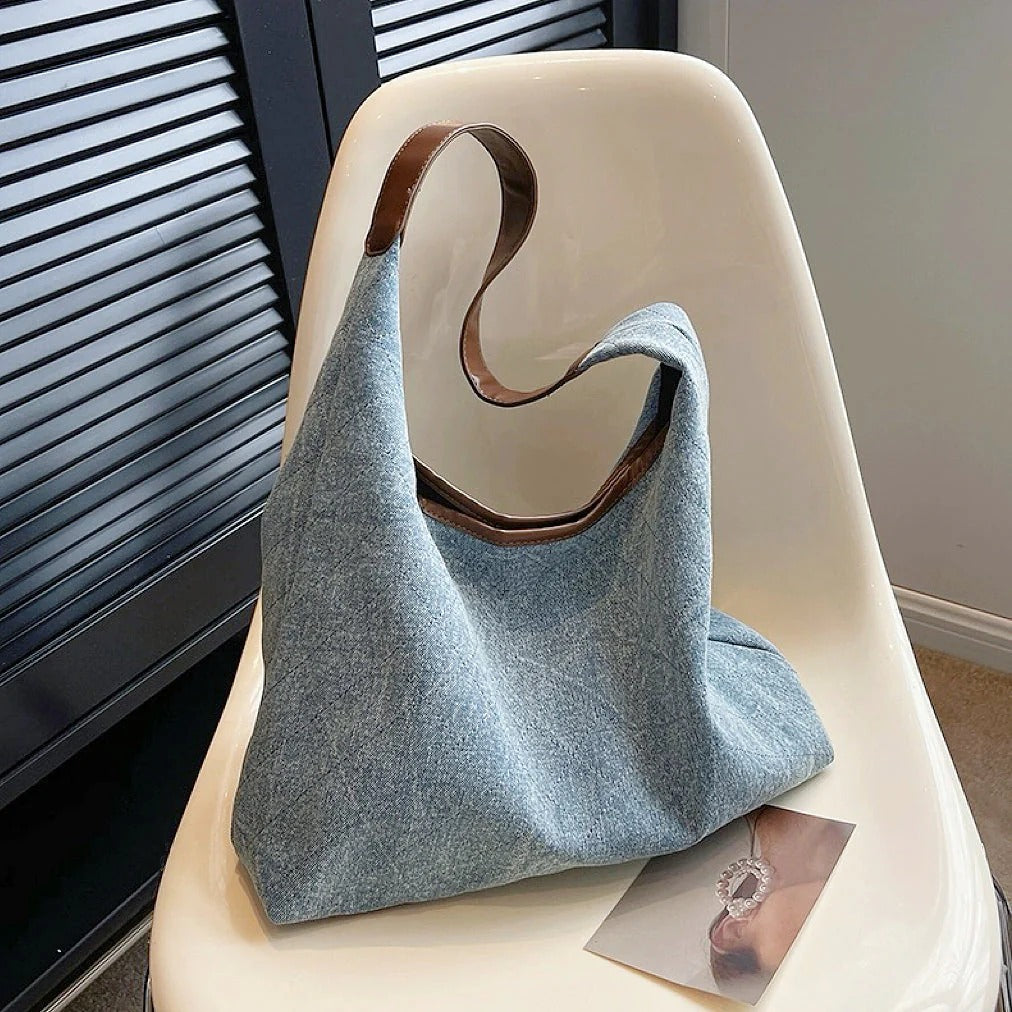 Women's Denim Shoulder Bag with Diamond Pattern