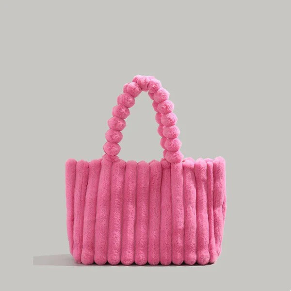 Women's Fluffy Plush Fur Handbag with Line Pattern