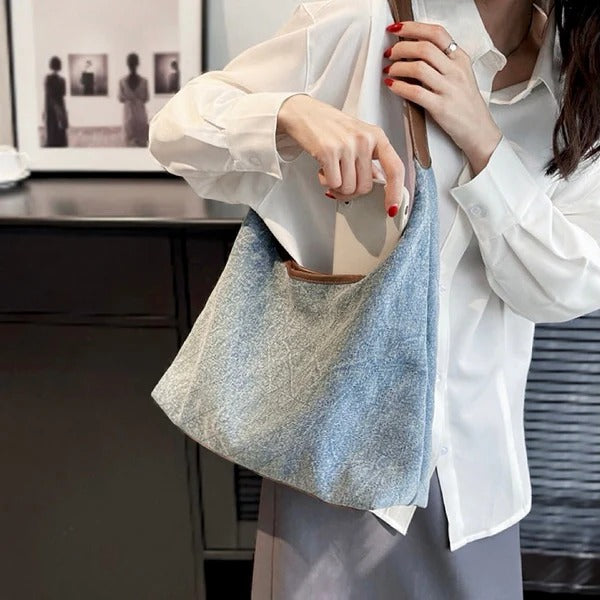 Women's Denim Shoulder Bag with Diamond Pattern