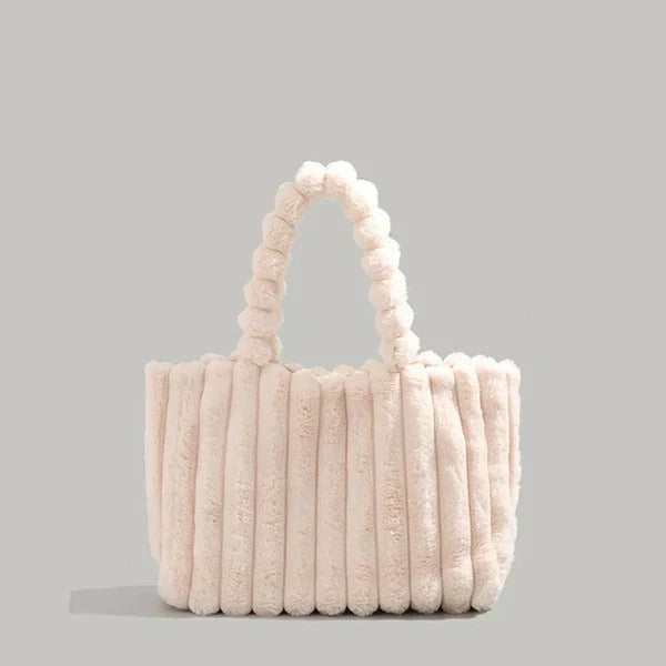 Women's Fluffy Plush Fur Handbag with Line Pattern